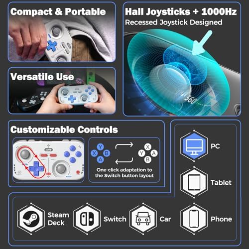 IINE Retro Pocket Wireless Game Controller – Compact Gamepad with Hall Effect Joysticks, Customizable Buttons, 1000Hz Polling Rate – Compatible with PC, Switch, Mobile, Steam Deck, Tablet (Grey) - Image 3